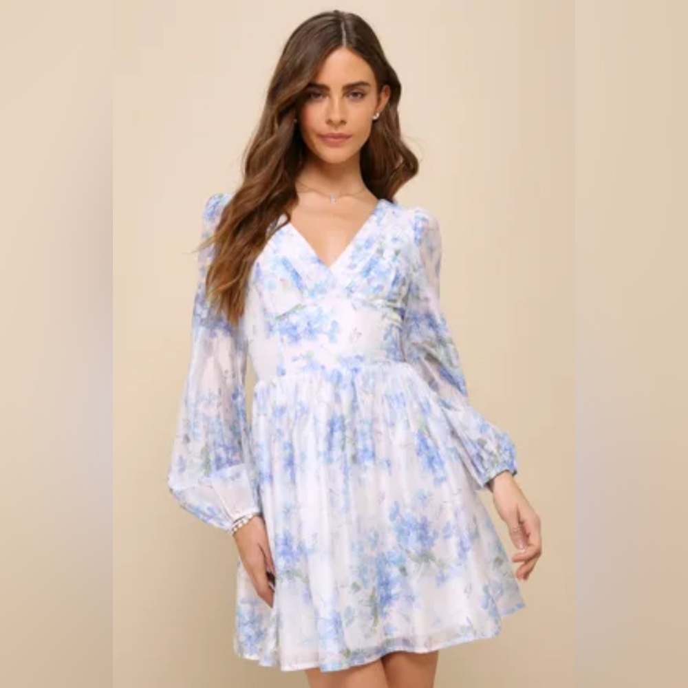 Blue and White Long Sleeve V-Neck Sundress
